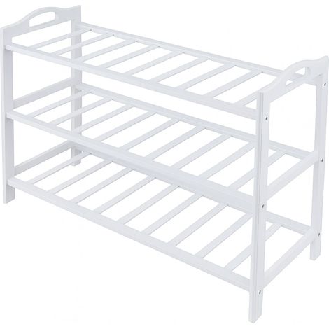 Relaxdays Schuhregal, HxBxT: 48 x 70 x 25 cm, Bambus, 3 Ebenen, für 9 Paar Schuhe, Schuhständer mit Gitterablagen, weiß