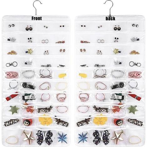 Organisateur de bijoux à suspendre double face : organisateur de bijoux à suspendre, 80 petites cellules, porte-boucles d'oreilles, sac de rangement (1/4)