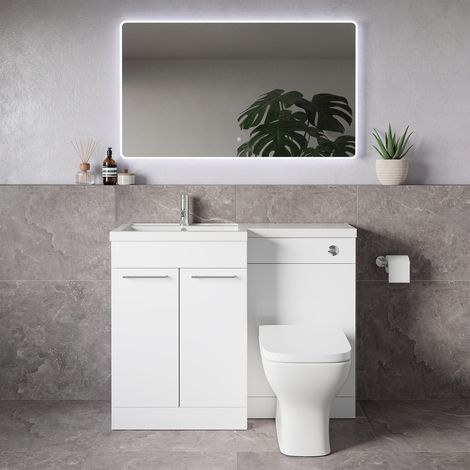 Napoli 390 Gloss White 1100mm 2 Door Vanity Unit Toilet Suite with Square Left Hand Lucia Basin - 1100mm - Chrome 160mm HandleWith Kingston Toilet Pan and Seat