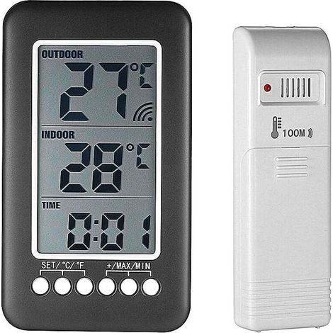 Thermomètre interieur exterieur sans fil avec horloge Numérique station meteo sans fil avec capteur extérieur, black friday 2020 Moniteur de Température Affichage LCD intelligent ° C / ° F (1/5)