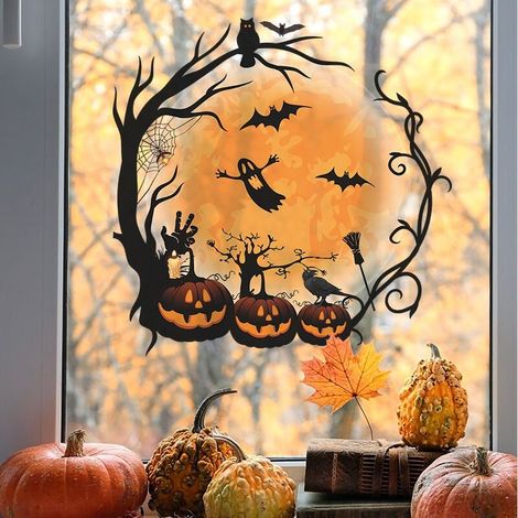 10 Sticker mural, verre, fenêtre, citrouille, branche, anneau, Halloween, maison, décoration (1/5)