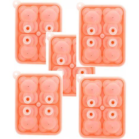 Juego de 5 bandejas de silicona para cubitos de hielo con forma de oso, bandejas para cubitos de hielo, herramientas para hacer hielo, color rosa. (1/4)