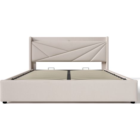 Lit double rembourré avec coffre de rangement, tête de lit avec charge USB Type-C, cadre de lit en tissu de lin, lit jeunesse 180x200 avec sommier à lattes (sans matelas) (1/5)