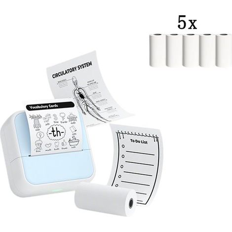 Mini imprimante d'étiquettes autocollantes, imprimante thermique Bluetooth portable, sans encre, incluant 5 rouleaux de papier étiquette bleu. (1/5)