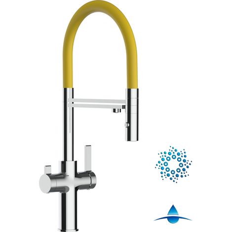 Robinet de Cuisine Mitigeur 4 Voies chromé pour système de carbonatation et filtration/purification d'eau bec jaune orientable et douchette 2 jets détachable FC VIZIO (1/5)