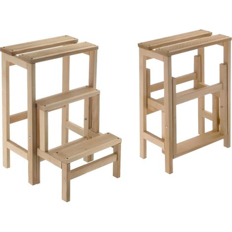 Scala sgabello con Ribalta a 3 Gradini in Legno di Faggio - Sgabello pieghevole Salvaspazio con Gradini Antiscivolo - Misura 36x44x58 cm (1/5)