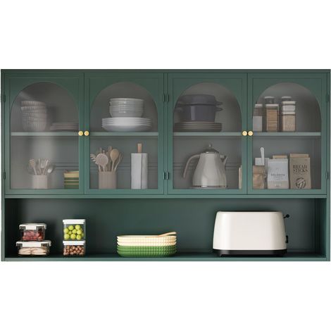 Vitrine 120 cm 120 cm meuble de rangement quatre portes fixation murale façades en verre gris finition vert foncé (1/3)
