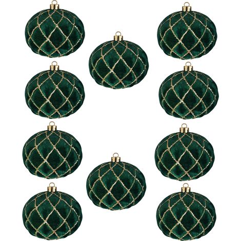 10 Palle per Albero di Natale grandi 10cm Velluto VERDE SCURO ANTICO con Decorazioni  oro  Palline sfera natalizia addobbi verdi ghirlande Eleganti e particolari  arredo casa e locali commerciali (1/5)