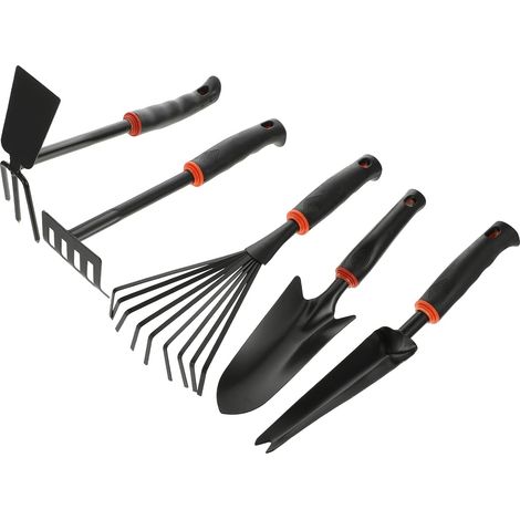 5 Pièces Ensemble de Cinq pièces de Jardinage Râteau Outil excavateur Taller Set de Jardinage kit Pelle de Manche en Bois Petite Pelle de Vinyle Black (1/5)