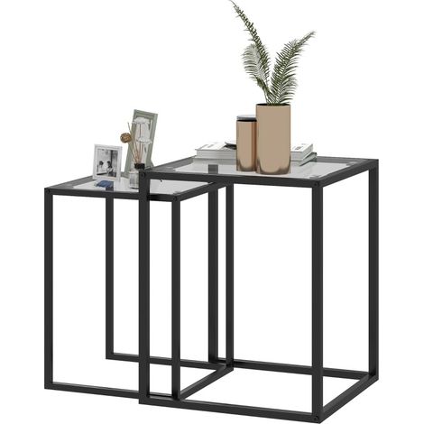 Lot de 2 tables d'appoint empilables en verre trempé noir avec structure en acier, gain de place pour salon et couloir, style moderne  CHICFURN (1/5)