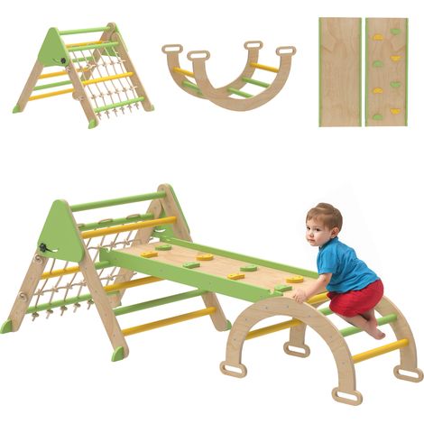 Montessori 8-in-1 Kletterdreieck aus Holz mit doppelseitiger Rutsche und Kletterbogen, Grün