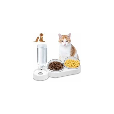Gamelles pour Chats, 3 en 1 à Stockage D'eau Automatique Bols pour Chat, Inclinable à 15° Double Gamelle Chat Surélevée, Anti-Vomissements, Anti-Dérapant Bols de Nourriture Pour Animaux de C (1/5)