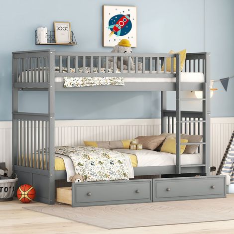 Lit superposé enfant 90x200 cm séparable en 2 lits, 2 tiroirs sur roulettes, barrières de sécurité, pin et MDF, gris (1/5)