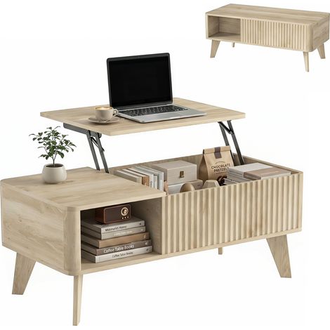 Table basse relevable - HOMCOM - compartiment caché, 2 étagères ouvertes, coins arrondis, mid-century - bois - 100x48x41cm - chêne