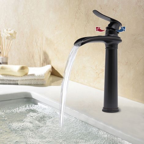 【Chauffage et ventilation】Robinet de lavabo noir de type cascade, robinet de salle de bains de style rétro, mitigeur monocommande pour plan de travail, robinet de lavabo, en laiton (1/5)