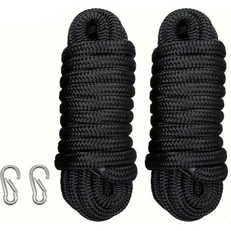 Corde d'amarrage en nylon pour bateau et voilier, ligne d'ancrage et de remorquage pour yacht, 15 ft (4,6 m), lot de 2, Noir, avec mousqueton métallique (1/5)