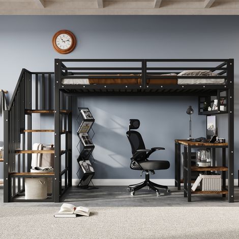 Lit mezzanine fer 120×200cm,escaliers rampes,bureau étagère,cadre lattes solide,fer+panneau,noir+foncé (1/5)