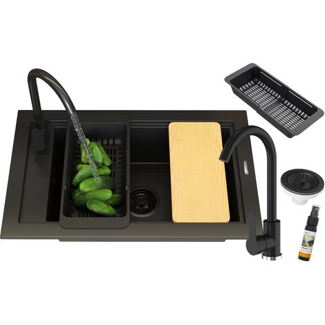 ÉVIER MONOCUVE MITIGEUR NOIR PANIER SIPHON PANAMA BOARD (1/5)