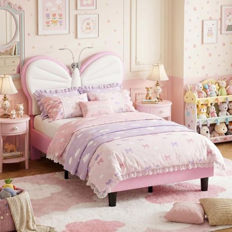 Lit enfant fille - 90x190 cm - Velours - Tête de lit papillon réglable - LED intégrée (1/5)
