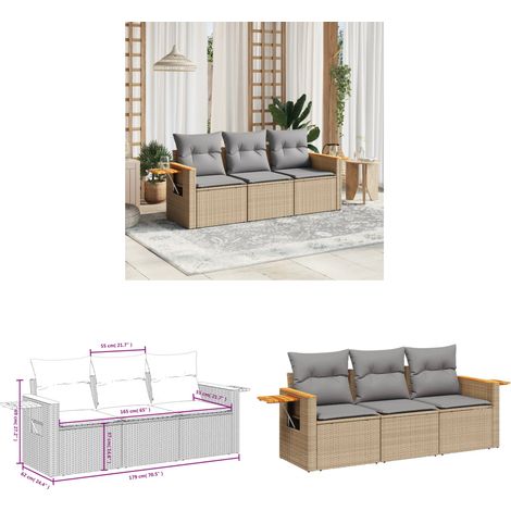 Salon de jardin avec coussins 3 pcs beige résine tressée - Ensemble Salon De Jardin - Canapé Extérieur - Meuble De Jardin - Résine Tressée - Rotin Synthétique - Home & Living (1/3)