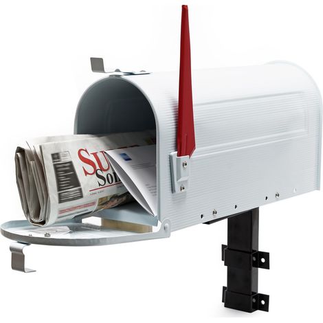 Wiltec Kit Boîte aux lettres américaine et support mural, 180 x 220 x 480 mm, Blanche, Acier galvanisé, Boîte postale US Mailbox avec fanion rouge