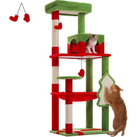 Arbre à chat pour chats d'intérieur, tour à chat à 5 niveaux pour grands chats avec grand hamac, poteaux à gratter couverts en Sisal, perche supérieure confortable pour Condo-Rouge (1/5)