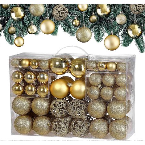 AURA 100-teiliges Weihnachtskugel-Set Weihnachtsdekorationen Kugeln mit Haken 32x Ø30mm 36x Ø40mm 32x Ø60mm Gold (1/5)