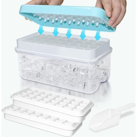 Eiswürfelform, lebensmittelechte Eiswürfelformen mit Deckel, Ein-Sekunden-Entriegelung, BPA-frei, 64 Eiswürfelformen (Blau) (1/5)