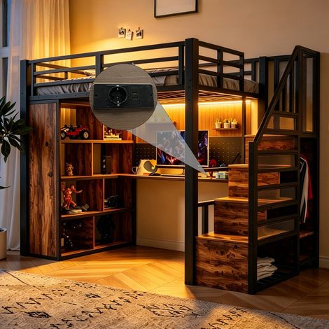Lit Mezzanine métal 90x200 avec LED et Bureau Port USB, Lit Superposé Enfant 2 Places avec Armoire, Rangements escalier, À monter soi-même Noir