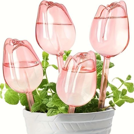 4 arroseurs automatiques en forme de tulipe avec pointes en terre cuite, outil d'arrosage pour plantes de jardin (rose) (1/5)