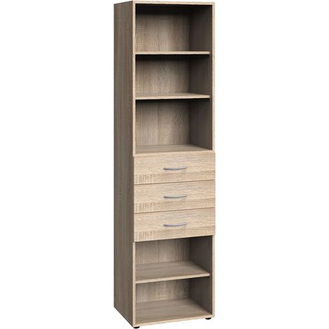 Etagère de rangement avec 3 tiroirs et 3 tablettes en mélamine coloris imitation chêne - longueur 40 x hauteur 185 x profondeur 40 cm