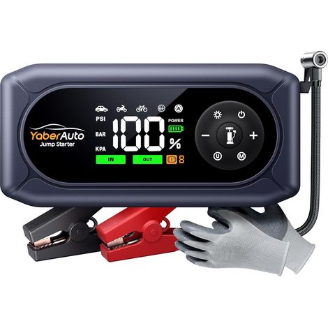Booster Batterie Voiture avec Gonfleur Pneus, Démarreur Voiture, Booster Batterie Moto avec Lumière LED Modes, Grand Écran, Gants(Jusqu'à Gaz ou Diesel) (1/5)