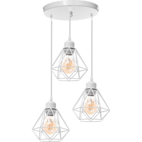 Plafonnier Rétro À 3 Lumières Blanc Suspension Luminaire Vintage D'Intérieur Suspension Lustre E27 Cage En Métal (1/5)