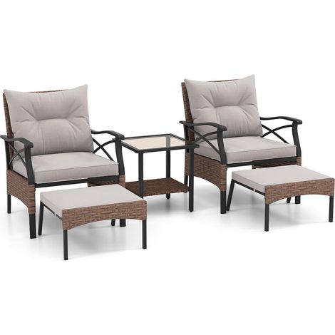 Détente et Gain de Place Salon de Jardin Résine Tressée 5 Pièces avec Poufs et Table Verre Trempé pour Terrasse Balcon (1/5)