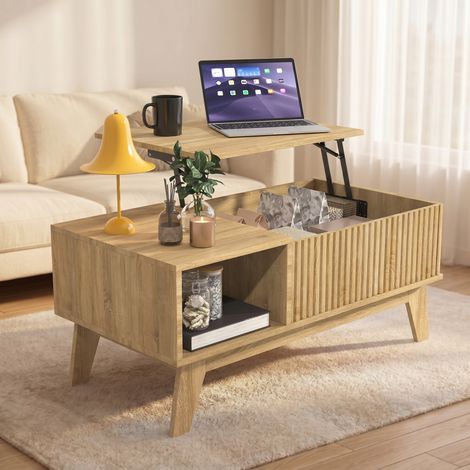 Mesa de centro elevable de 95 cm - Mesa con tablero elevable, gran compartimento de almacenaje oculto y hueco abierto - Mueble compacto de estilo escandinavo en madera para salón y estudio - Acabado n (1/5)