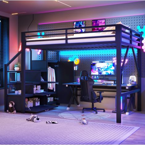 Cama dormitorio alta con armario LED negra OKMYHOME (1/5)