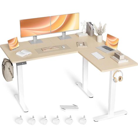 Claiks Eckschreibtisch Höhenverstellbar 160x140cm Dual-Motor L-Form Beige (1/5)