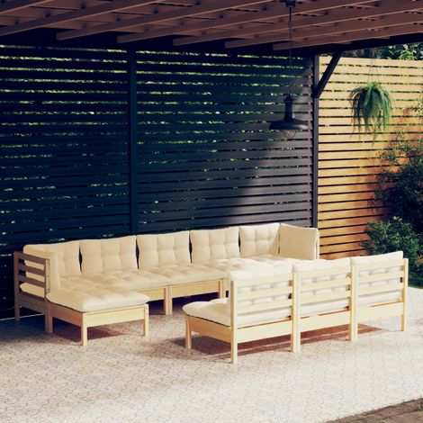 10 pcs Salon de jardin avec coussins Salon d'extérieur Ensemble Meuble de Jardin Mobilier d'Extérieur crème Bois de pin XFNRX204412 (1/5)