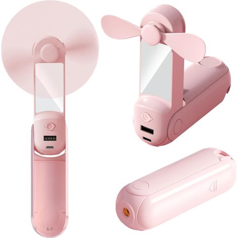JSSEVN - Ventilador de mano, mini ventilador portátil recargable por USB con cable para colgar, batería externa, linterna, espejo y soporte. (1/5)