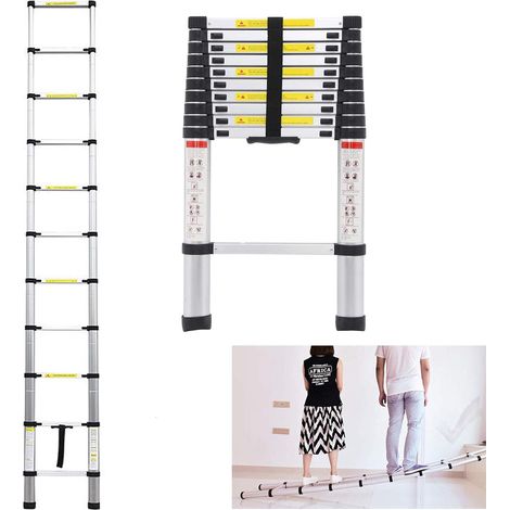 Échelle Télescopique en Aluminium de 3,2 m avec 11 échelons, Antidérapant, Échelle Extensible Portable Escabeau Pliant pour Extérieur et Intérieur, Charge de 150 kg (1/5)