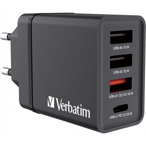 Verbatim Wandladegerät 1x USB-C PD 20W 1x USB-A QC 3.0 2x USB-A 10W EU Schwarz