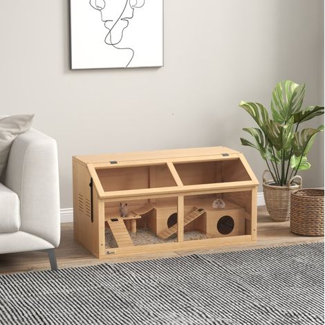 Jaula para hámster 85 x 45 x 44 cm de madera natural con plataforma y puente DESVIAE (1/5)