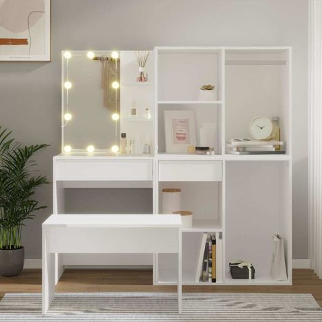 Ensemble coiffeuse avec miroir LED, tabouret et rangements en bois d’ingénierie blanc - PANGIVO (1/5)