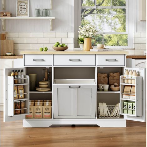 Isla de cocina blanca y madera con ruedas 120x45/70x87 cm, MDF, bandeja abatible, cajón, especiero y compartimento para basura (1/4)