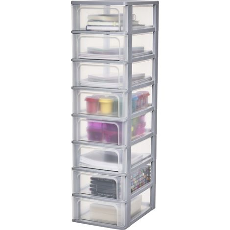 Iris Ohyama – Caisson de rangement plastique A4 8 tiroirs moyens – Dimensions L26 x P35.5 x H96.5 cm – Matériau sans BPA – Poignées intégrées ergonomiques