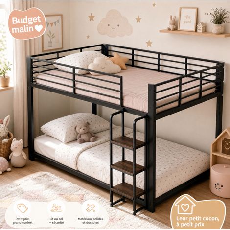 Letto a castello 140/200 cm nero in metallo e MDF con scala ampia, sponde di sicurezza e struttura stabile (1/5)