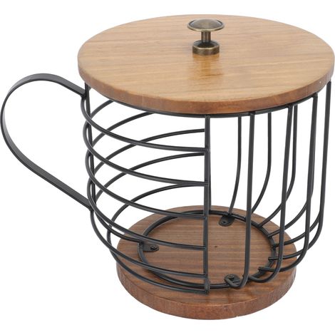 Porte-dosettes de café en fer, grande capacité, gain de place, base en bois, organisateur de rangement pour dosettes de café, idéal pour la maison ou le coin café, noir avec couvercle. (1/5)