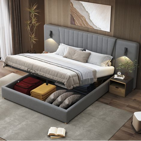 Letto contenitore 180x200 cm, letto matrimoniale imbottito con lampada da lettura e ricarica USB, in velluto, grigio, senza materasso