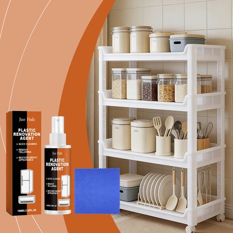 Kunststoff-Vergilbungsentferner, Reinigungsmittel für Gehäuse von Haushaltsgeräten zur Flecken-, Staub- und Glanzentfernung – 100 ml Reiniger + 1 Tuch -- DE (1/5)