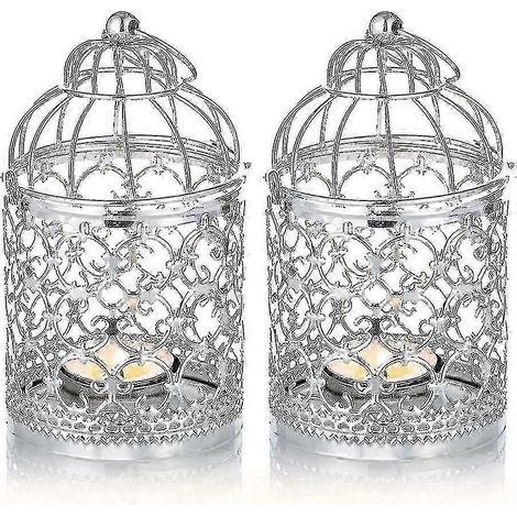 Lot de 2 petites lanternes suspendues en métal pour bougies chauffe-plat, en forme de cage à oiseaux, centre de table décoratif vintage - SNNGV-Yvan (1/5)